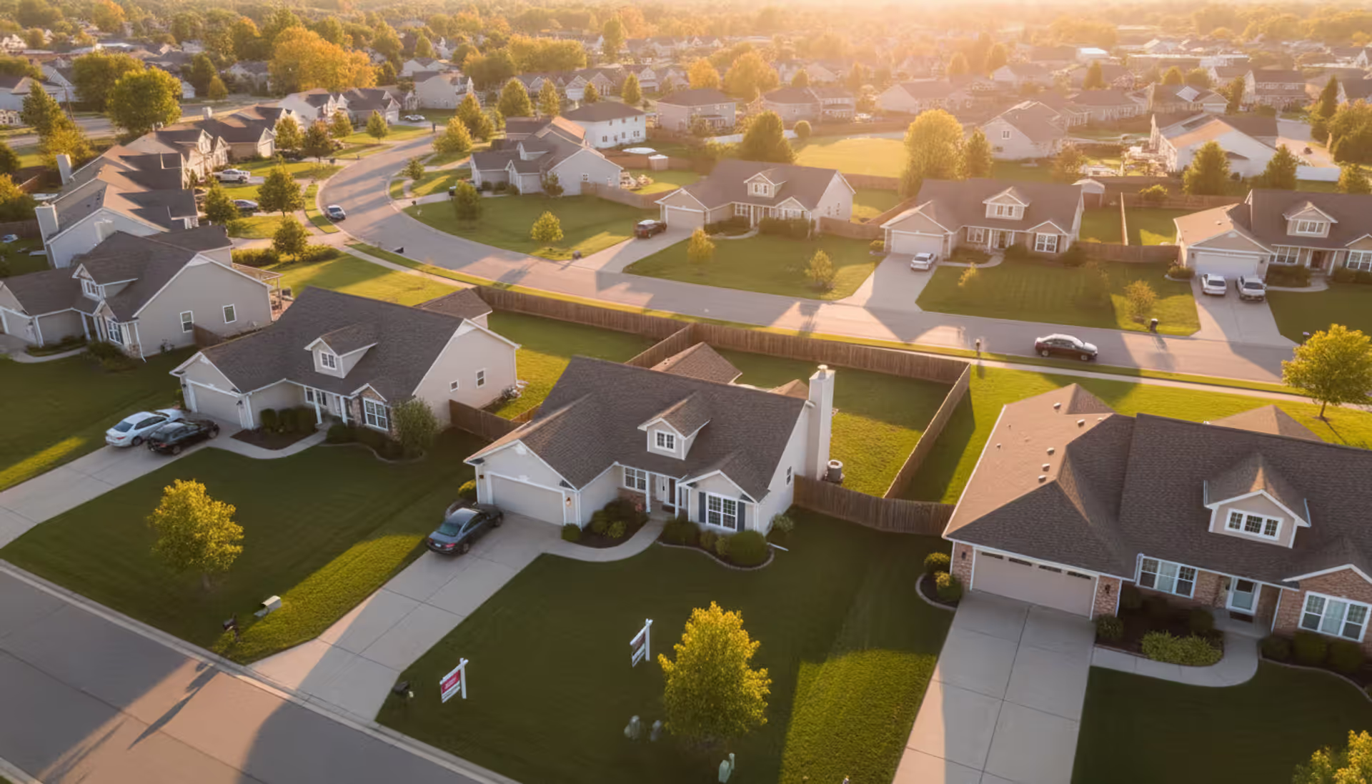 Aerial view of a suburban neighborhood with a For Sale sign on one of the houses during golden hour