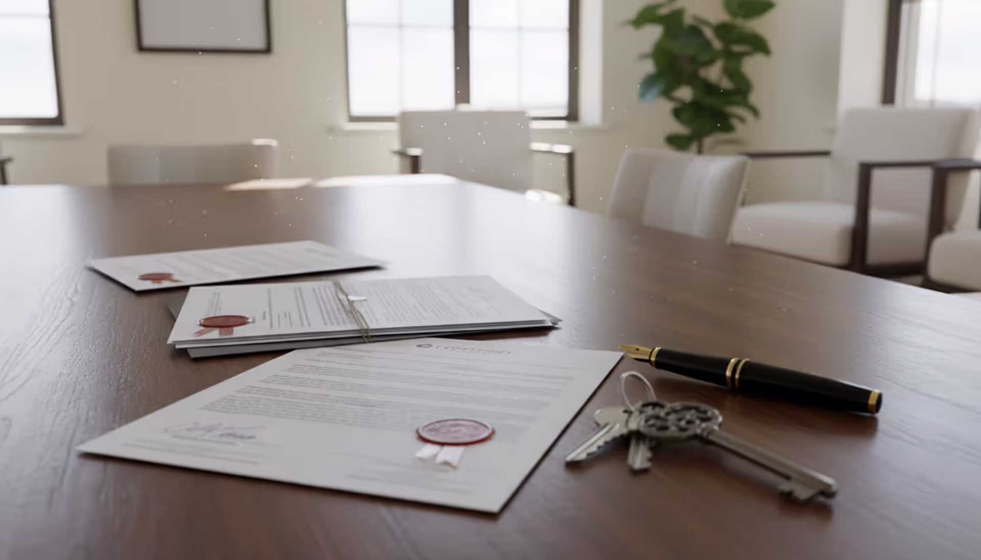 Real estate closing table with legal documents, pen, and house keys in a bright office setting