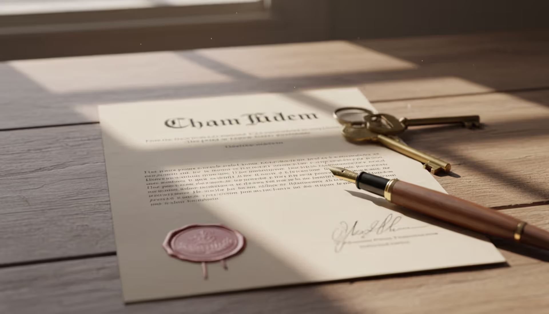 Official property deed document with seal and signature on wooden desk next to house keys and pen